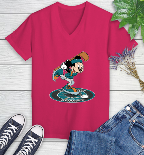 NHL Hockey San Jose Sharks Cheerful Mickey Disney Shirt Women's V-Neck T-Shirt 8