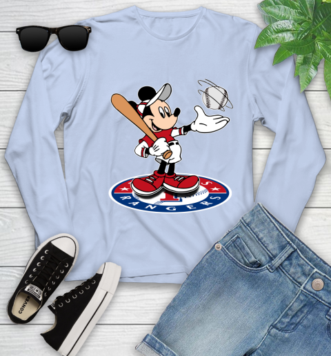 MLB Baseball Texas Rangers Cheerful Mickey Disney Shirt Youth Long Sleeve 9