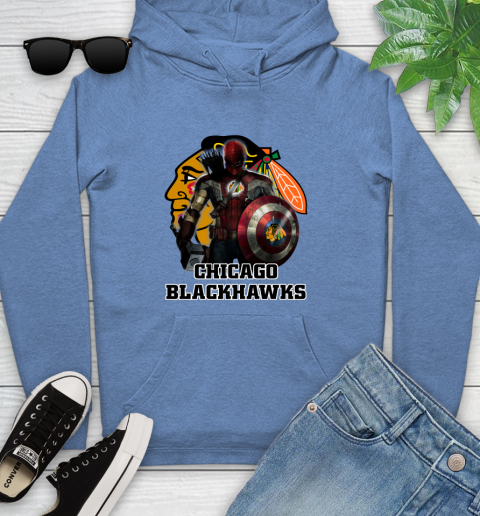 NHL Captain America Thor Spider Man Hawkeye Avengers Endgame Hockey Chicago Blackhawks Youth Hoodie 12