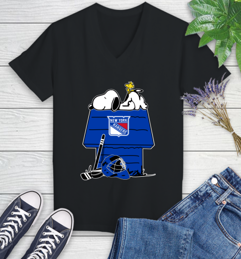 New York Rangers NHL Hockey Snoopy Woodstock The Peanuts Movie Women's V-Neck T-Shirt 2