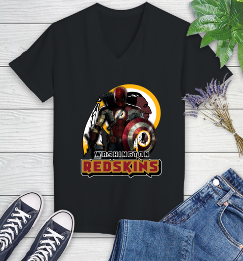 NFL Captain America Thor Spider Man Hawkeye Avengers Endgame Football Washington Redskins Women's V-Neck T-Shirt 2