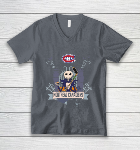 NHL Montreal Canadiens Hockey Jack Skellington Halloween V-Neck T-Shirt 4