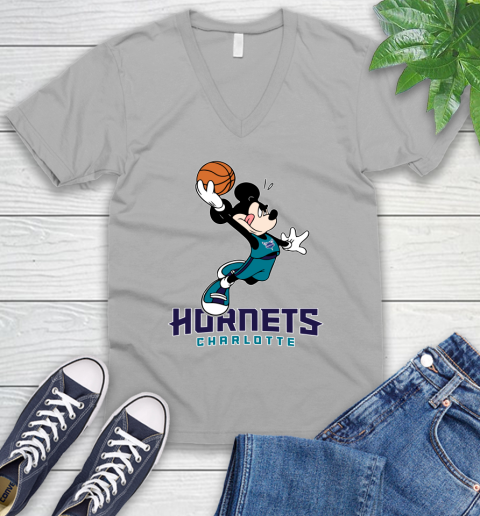 NBA Basketball Charlotte Hornets Cheerful Mickey Mouse Shirt V-Neck T-Shirt 4