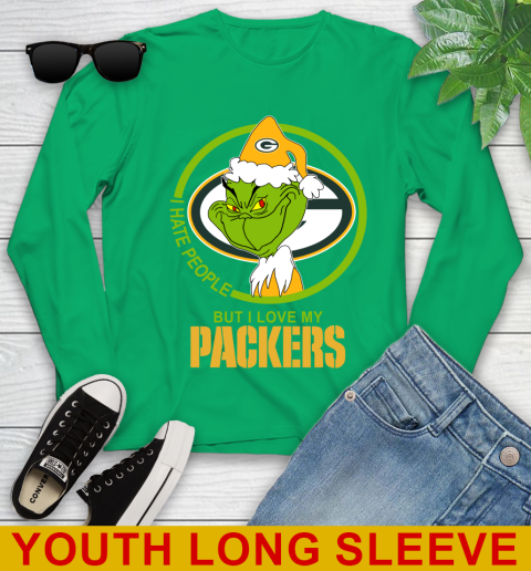 Green Bay Packers NFL Christmas Grinch I Hate People But I Love My Favorite Football Team Youth Long Sleeve 7