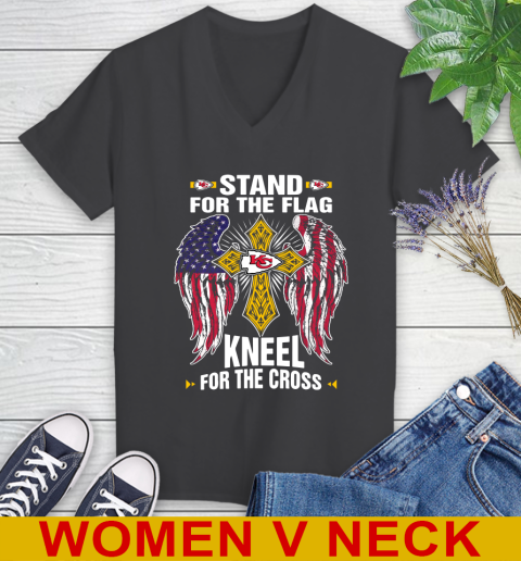 NFL Football Kansas City Chiefs Stand For Flag Kneel For The Cross Shirt Women's V-Neck T-Shirt - Image 9