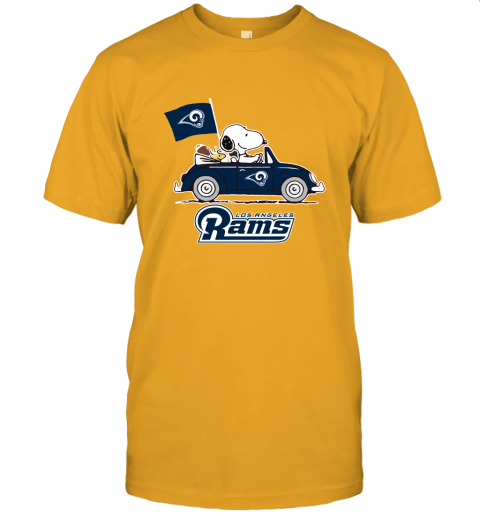 Snoopy and Woodstock riding car Rams shirt