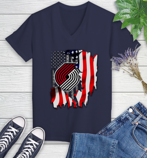Portland Trail Blazers NBA Basketball American Flag Women's V-Neck T-Shirt 12