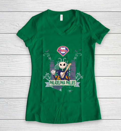 MLB Philadelphia Phillies Baseball Jack Skellington Halloween Women's V-Neck T-Shirt 3