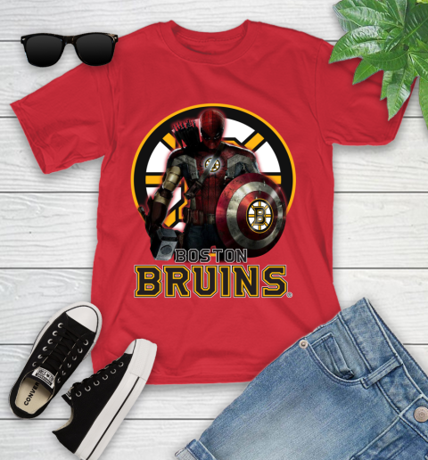NHL Captain America Thor Spider Man Hawkeye Avengers Endgame Hockey Boston Bruins Youth T-Shirt 10
