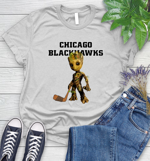 Chicago Blackhawks NHL Hockey Groot Marvel Guardians Of The Galaxy Women's T-Shirt