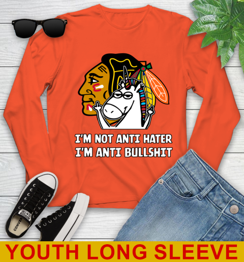 Chicago Blackhawks NHL Hockey Unicorn I'm Not Anti Hater I'm Anti Bullshit Youth Long Sleeve 4