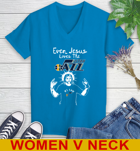 Utah Jazz NBA Basketball Even Jesus Loves The Jazz Shirt Women's V-Neck T-Shirt 7