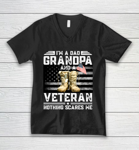 Veteran Shirt I'm a Dad Grandpa And A Veteran Nothing Scares Me Vintage Flag V-Neck T-Shirt
