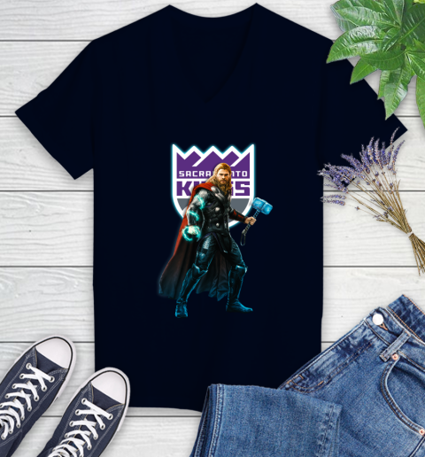 NBA Thor Avengers Endgame Basketball Sacramento Kings Women's V-Neck T-Shirt 3