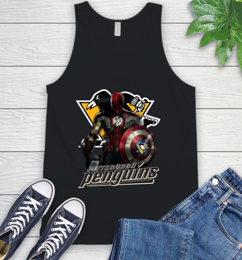NHL Captain America Thor Spider Man Hawkeye Avengers Endgame Hockey Pittsburgh Penguins Tank Top 2