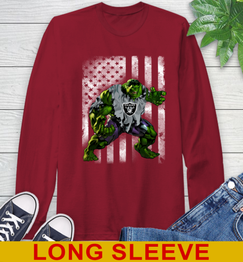 Oakland Raiders Hulk Marvel Avengers NFL Football American Flag Long Sleeve T-Shirt 9
