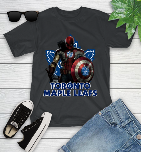 NHL Captain America Thor Spider Man Hawkeye Avengers Endgame Hockey Toronto Maple Leafs Youth T-Shirt 2
