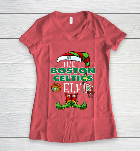 Boston Celtics Christmas ELF Funny NBA Women's V-Neck T-Shirt 4
