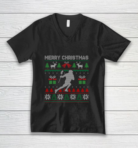 Ugly Christmas Lacrosse Player Santa Tree Xmas Gift V-Neck T-Shirt