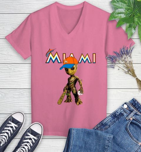 MLB Miami Marlins Groot Guardians Of The Galaxy Baseball Women's V-Neck T-Shirt 13