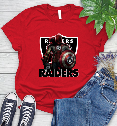 NFL Captain America Thor Spider Man Hawkeye Avengers Endgame Football Oakland Raiders Women's T-Shirt 9