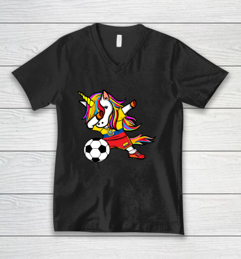 Dabbing Unicorn Ecuador Football Ecuadorean Flag Soccer V-Neck T-Shirt
