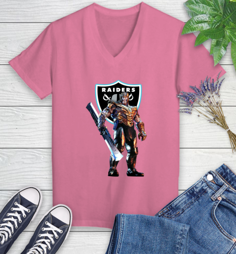 NFL Thanos Gauntlet Avengers Endgame Football Oakland Raiders Women's V-Neck T-Shirt 13