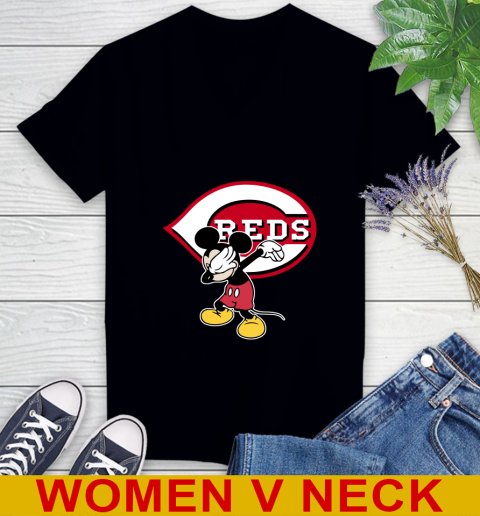 Cincinnati Reds MLB Baseball Dabbing Mickey Disney Sports Women's V-Neck T-Shirt 2