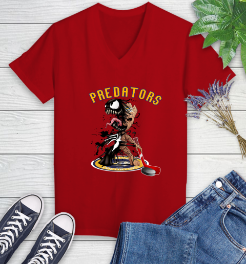 NHL Nashville Predators Hockey Venom Groot Guardians Of The Galaxy Women's V-Neck T-Shirt 12