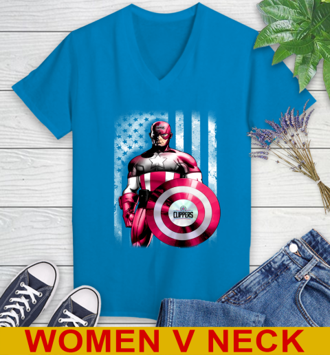 LA Clippers NBA Basketball Captain America Marvel Avengers American Flag Shirt Women's V-Neck T-Shirt 7