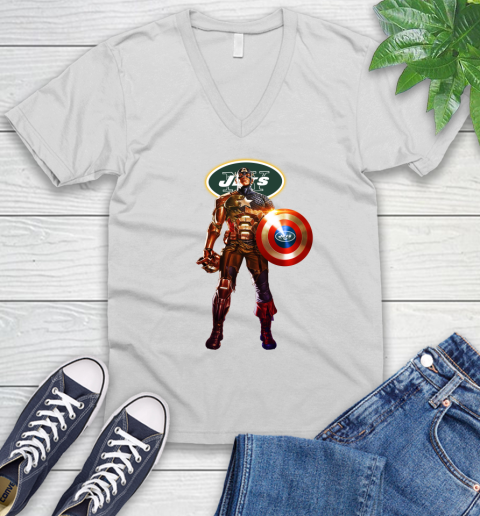 NFL Captain America Marvel Avengers Endgame Football Sports New York Jets V-Neck T-Shirt