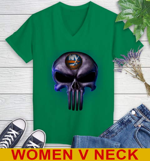 New York Islanders NHL Hockey Punisher Skull Sports Women's V-Neck T-Shirt 5