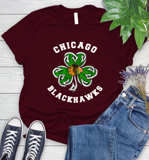 NHL Chicago Blackhawks Three Leaf Clover St Patrick's Day Hockey Sports Women's T-Shirt 7