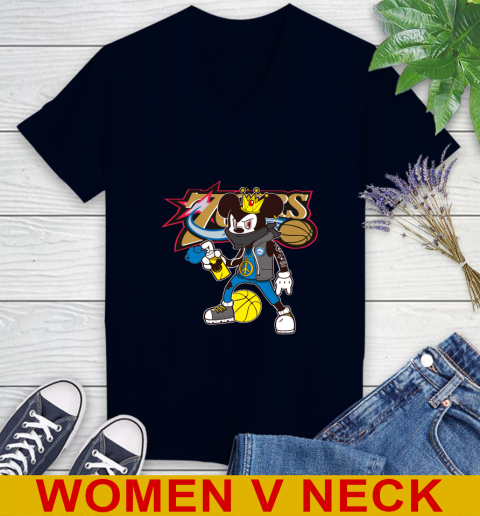 Philadelphia 76ers NBA Basketball Mickey Peace Sign Sports Women's V-Neck T-Shirt 3