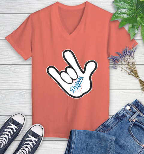 Los Angeles Dodgers MLB Baseball Mickey Rock Hand Disney Women's V-Neck T-Shirt 6