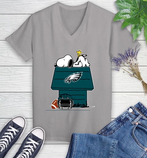 Philadelphia Eagles NFL Football Snoopy Woodstock The Peanuts Movie Women's V-Neck T-Shirt 4