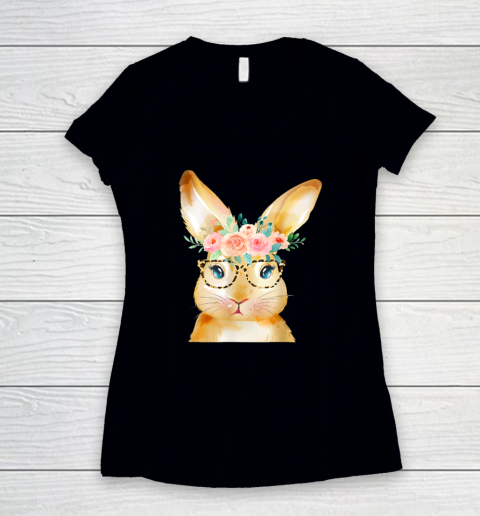Cute Bunny Leopard Sunglasses Flowers Easter Day Women's V-Neck T-Shirt