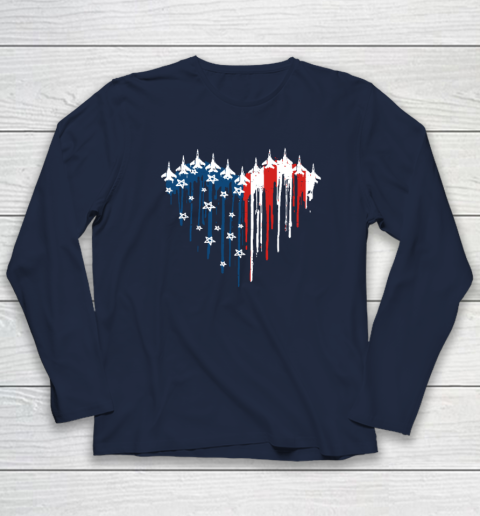 Retro Fighter Jet Airplane American Flag Heart 4th Of July Long Sleeve T-Shirt 2