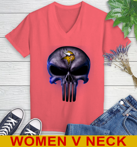 Minnesota Vikings NFL Football Punisher Skull Sports Women's V-Neck T-Shirt 6