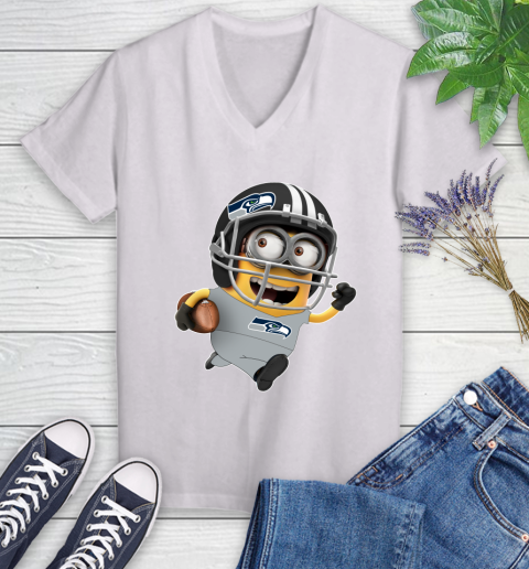 NFL Seattle Seahawks Minions Disney Football Sports Women's V-Neck T-Shirt