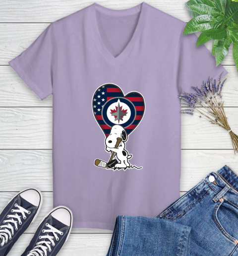 Winnipeg Jets NHL Hockey The Peanuts Movie Adorable Snoopy Women's V-Neck T-Shirt 14