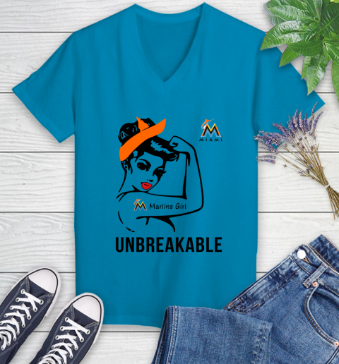 MLB Miami Marlins Girl Unbreakable Baseball Sports Women's V-Neck T-Shirt 4