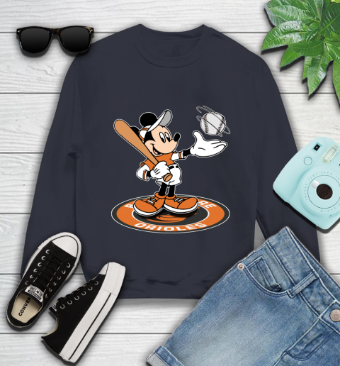 MLB Baseball Baltimore Orioles Cheerful Mickey Disney Shirt Youth Sweatshirt 3