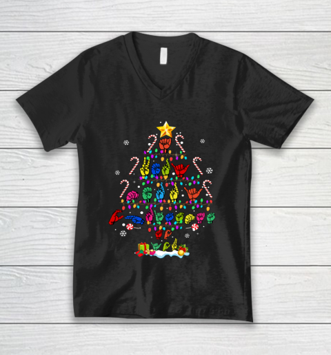 Funny ASL Christmas Tree Sign Language Xmas Deaf Pride Gift V-Neck T-Shirt