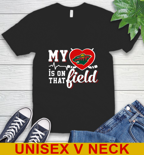 NHL My Heart Is On That Field Hockey Sports Minnesota Wild V-Neck T-Shirt