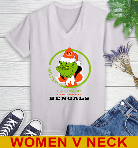 Cincinnati Bengals NFL Christmas Grinch I Hate People But I Love My Favorite Football Team Women's V-Neck T-Shirt