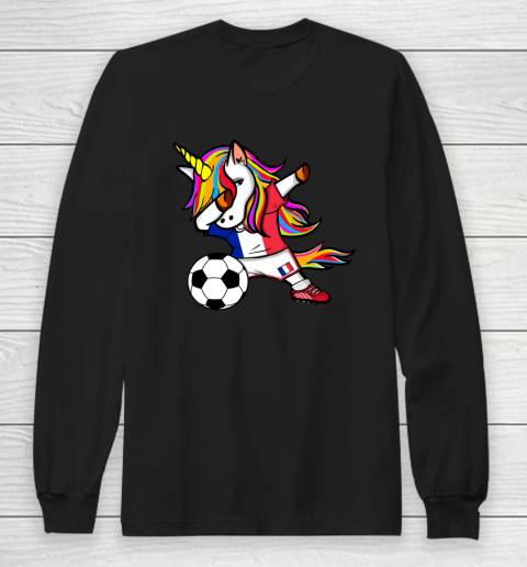 Funny Dabbing Unicorn France Football French Flag Soccer Long Sleeve T-Shirt