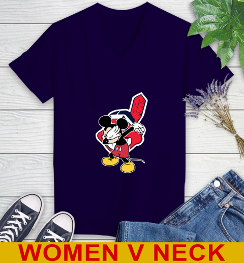 Cleveland Indians MLB Baseball Dabbing Mickey Disney Sports Women's V-Neck T-Shirt 4