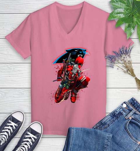 NFL Deadpool Marvel Comics Sports Football Carolina Panthers Women's V-Neck T-Shirt 13