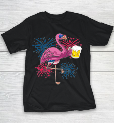 Beer Lover Funny Shirt Flamingo Cheer Beer American Flag Fireworks Independence Day Youth T-Shirt